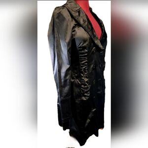 DKNY Jeans Black Satin Trench Coat • Ruched Tailoring • Double Breasted• L